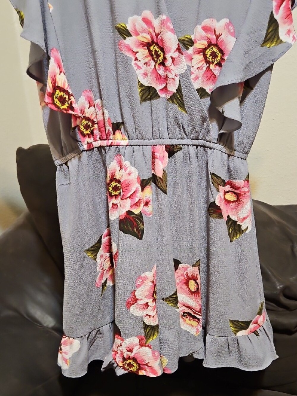 Umgee Gray Floral Wrap Romper with Pink Blooms - Picture 3 of 8